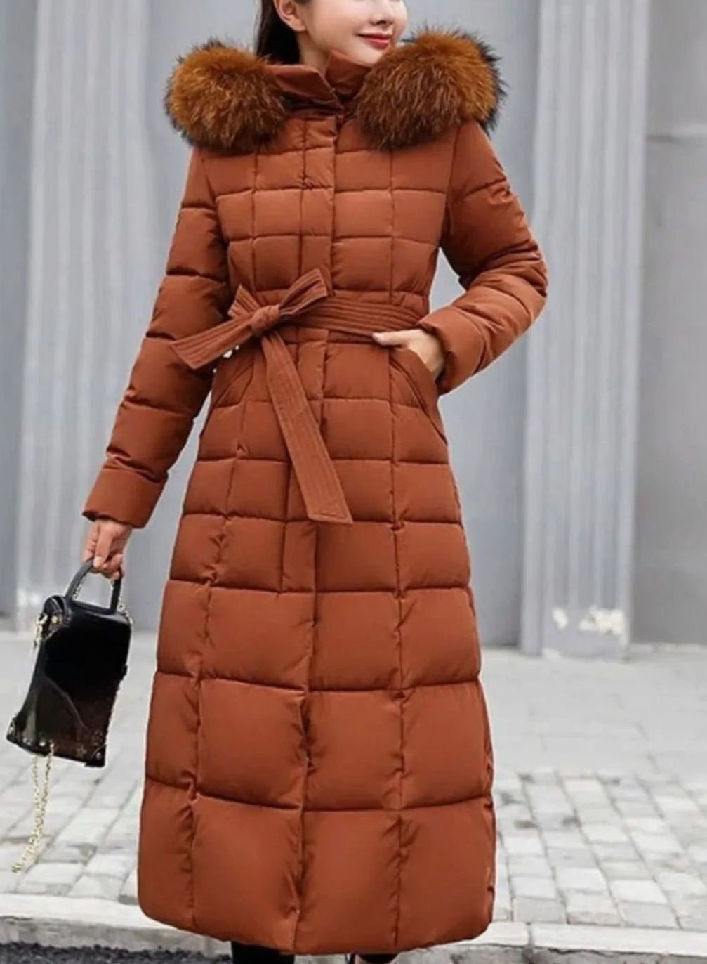 Women's Belted Maxi Quilted Hooded Puffer Coat Fur Trim - Caramel