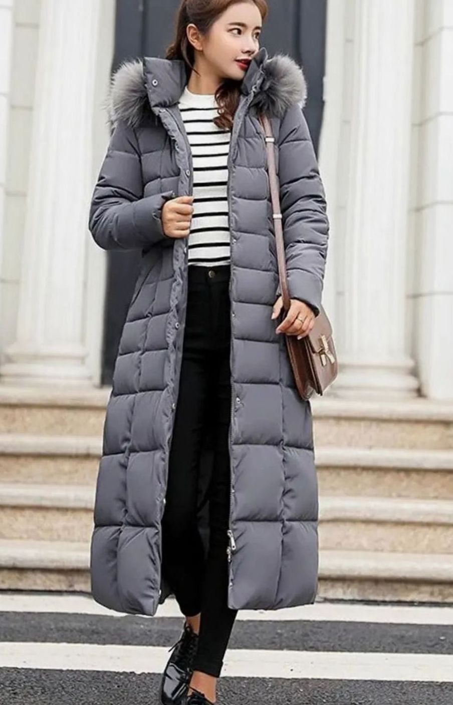 Women's Belted Maxi Quilted Hooded Puffer Coat Fur Trim - Dark Grey