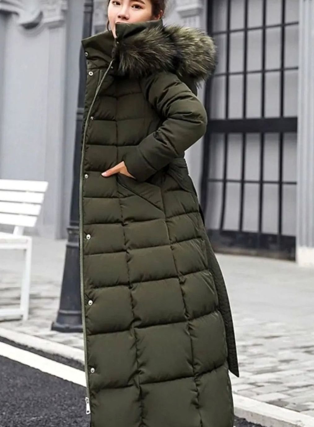 Women's Belted Maxi Quilted Hooded Puffer Coat Fur Trim - Army Green