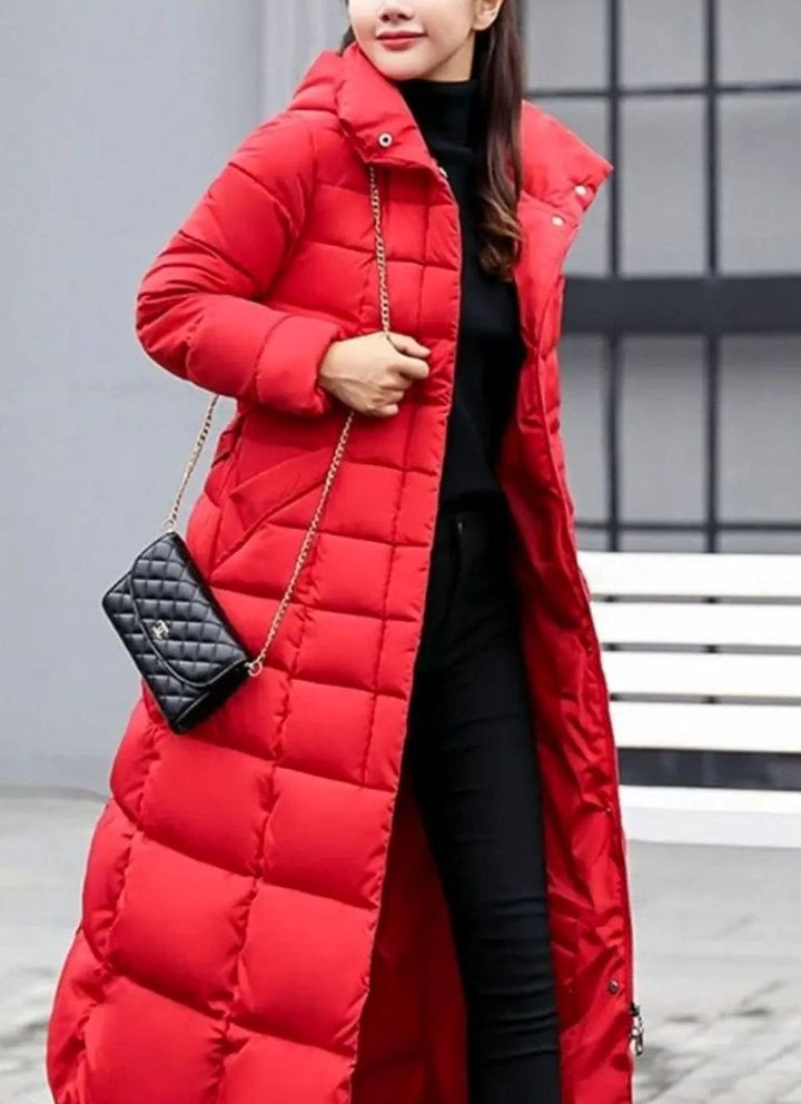 Women's Belted Maxi Quilted Hooded Puffer Coat Fur Trim - Red