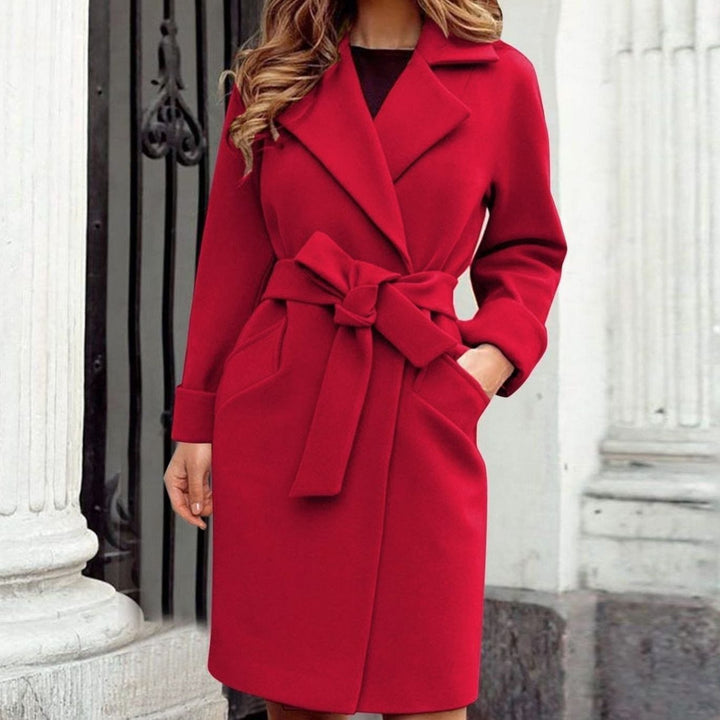 Women's Belted Midi Trench Coat Notch-Lapel Long-Sleeve