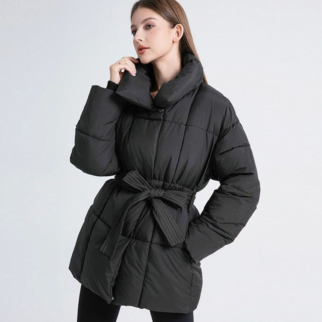 Women's Belted Quilted Coat High Shawl Collar Water-Resistant - Black