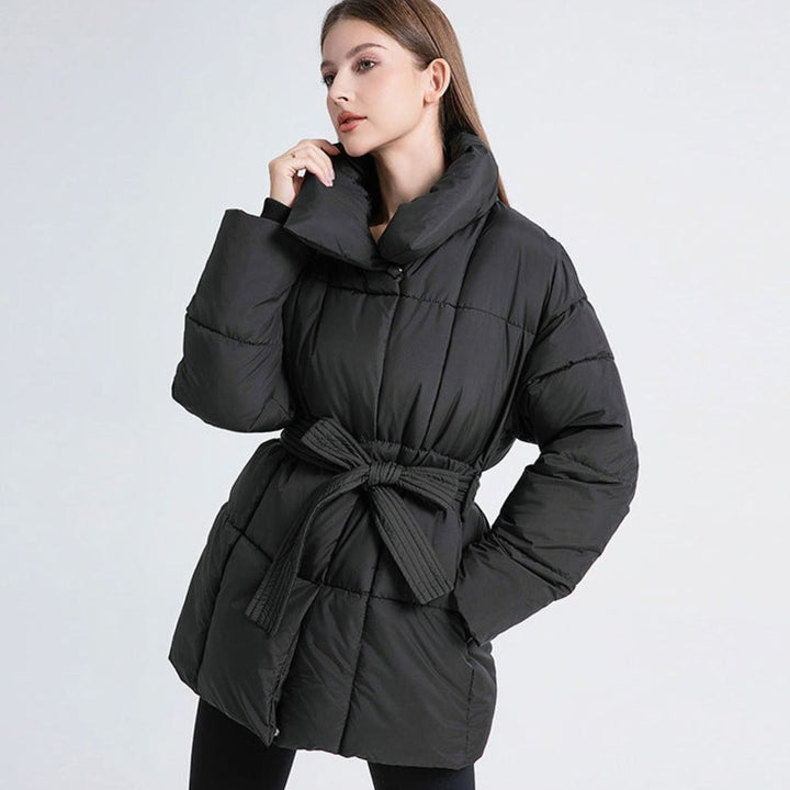 Women's Belted Quilted Coat High Shawl Collar Water-Resistant - Black