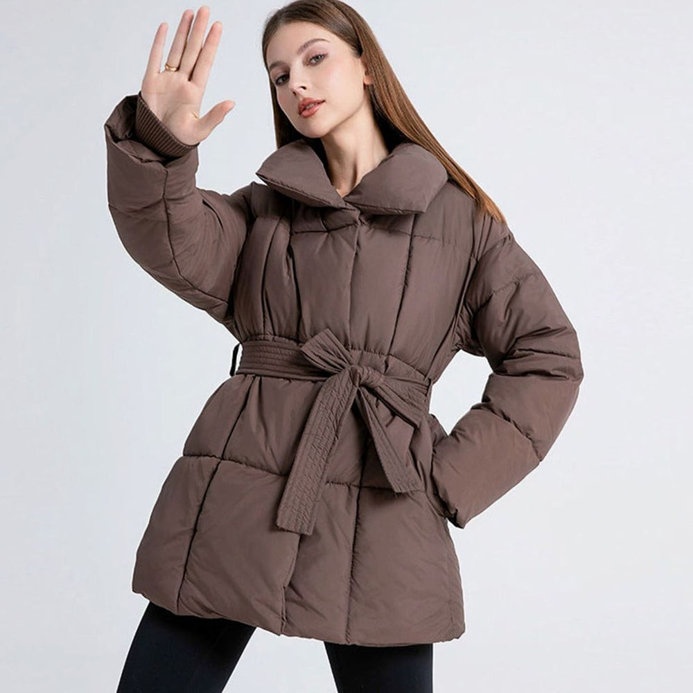 Women's Belted Quilted Coat High Shawl Collar Water-Resistant - Brown