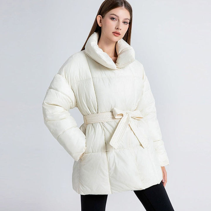 Women's Belted Quilted Coat High Shawl Collar Water-Resistant - Off-White