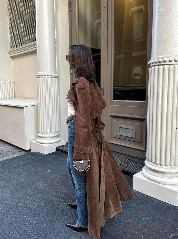 Women's Belted Suede Longline Trench Coat