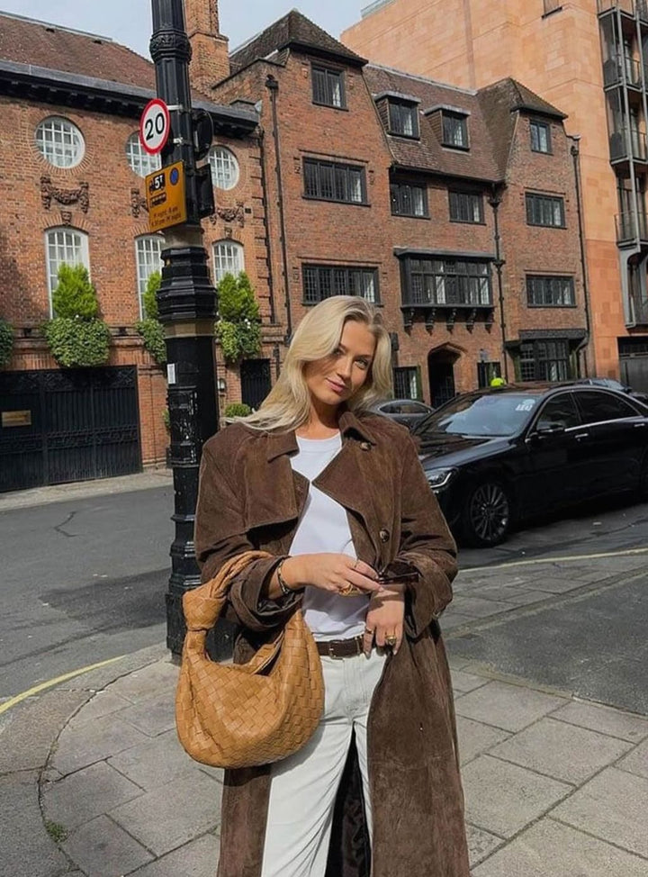 Women's Belted Suede Longline Trench Coat