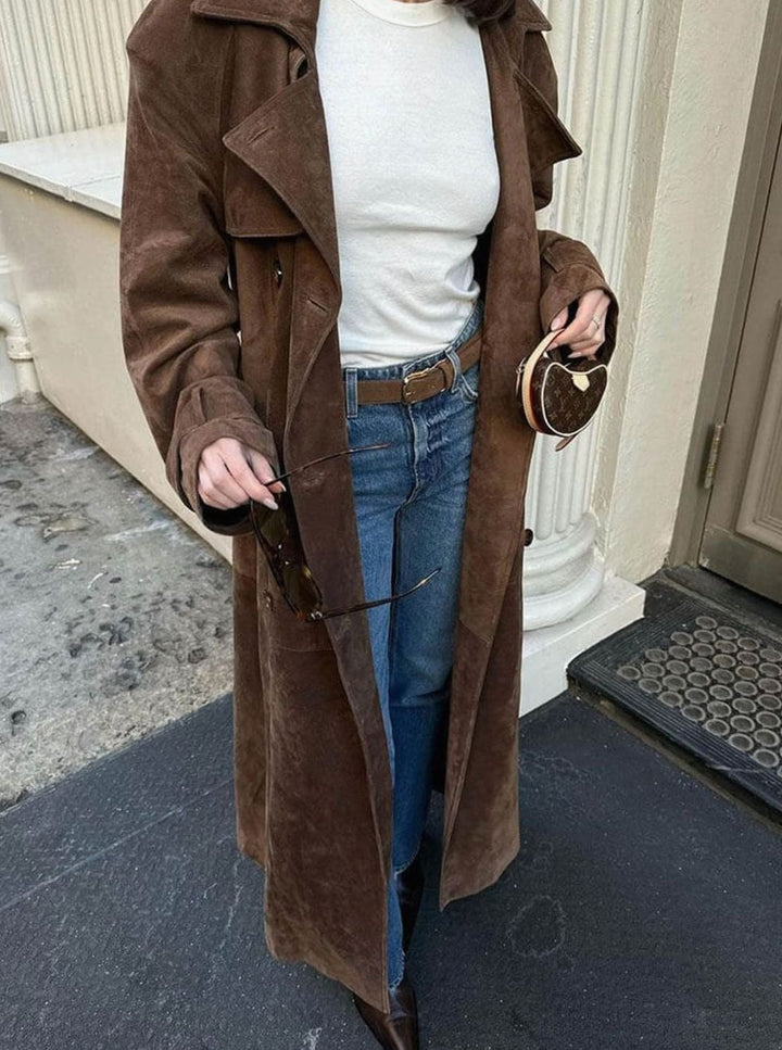 Women's Belted Suede Longline Trench Coat