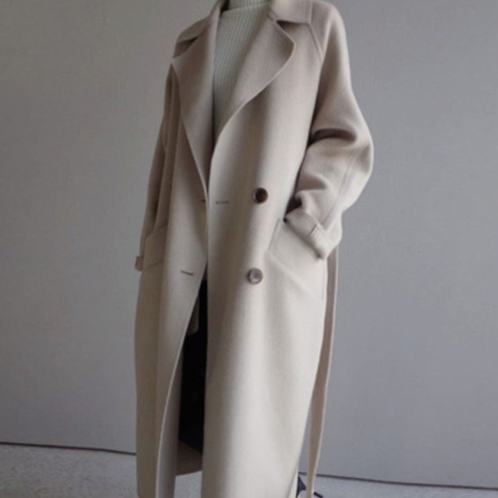 Women's Belted Wool-Look Long Trench Coat - Off White