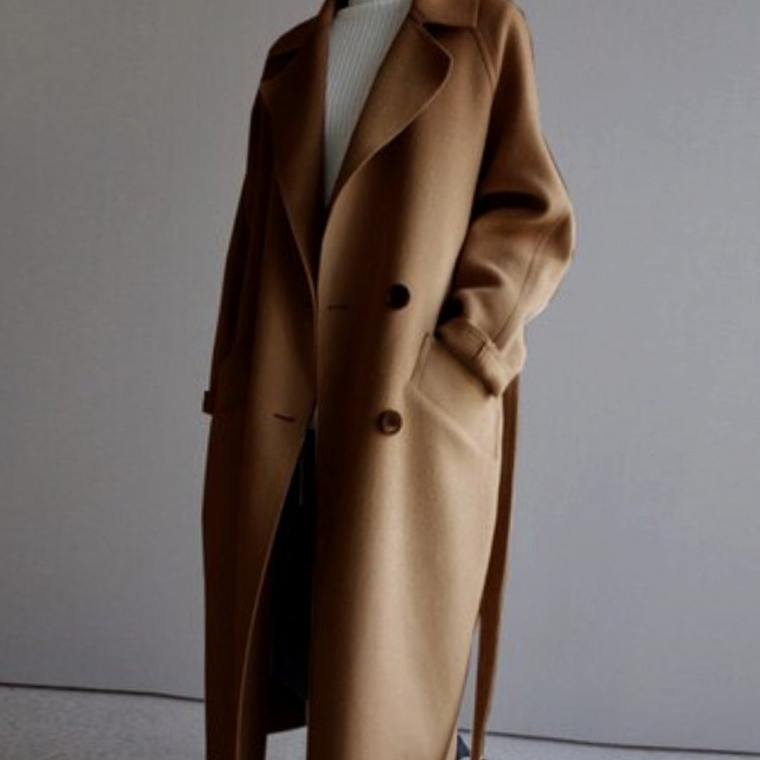 Women's Belted Wool-Look Long Trench Coat - Caramel