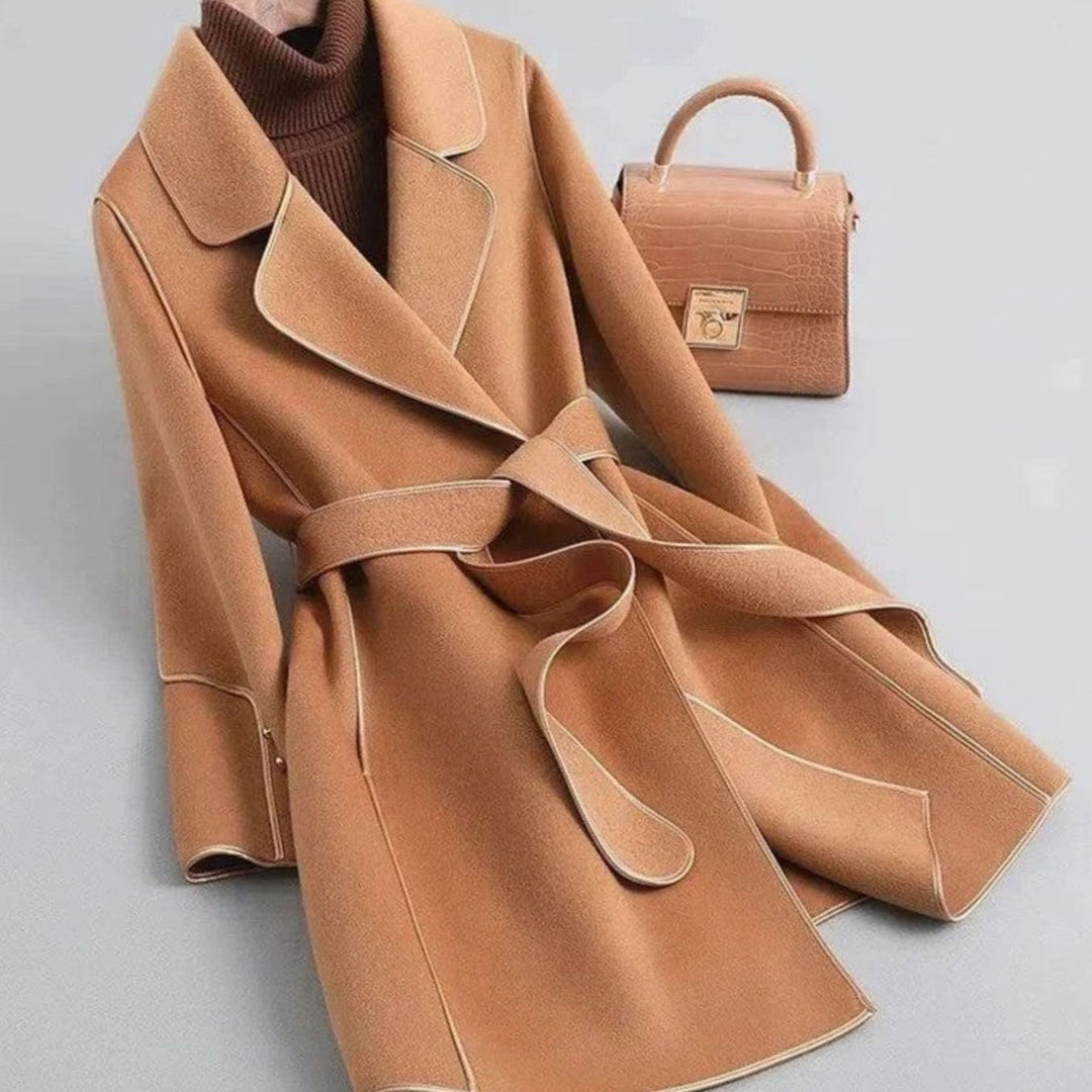 Women's Belted Wool-Look Long Trench Coat Lapel Collar - Beige