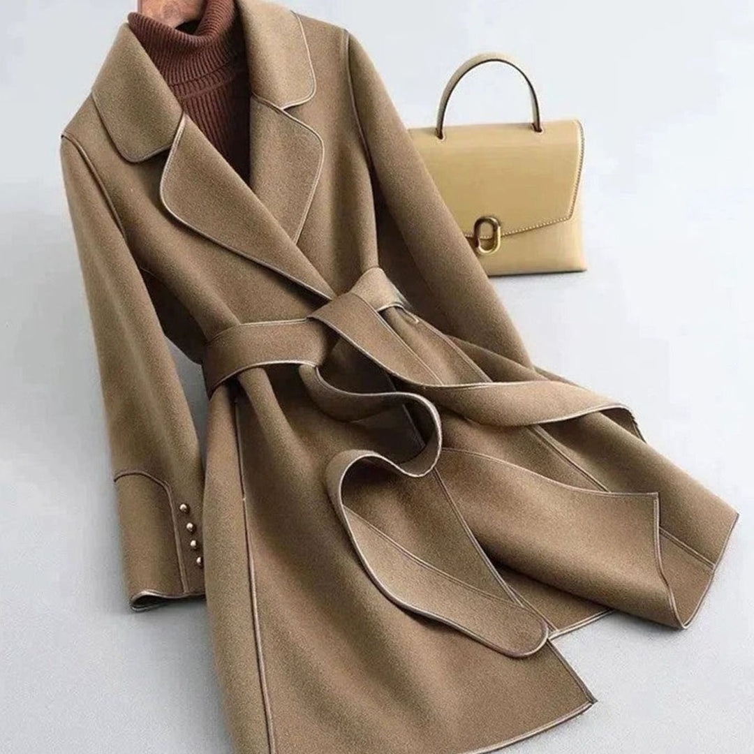 Women's Belted Wool-Look Long Trench Coat Lapel Collar - Brown