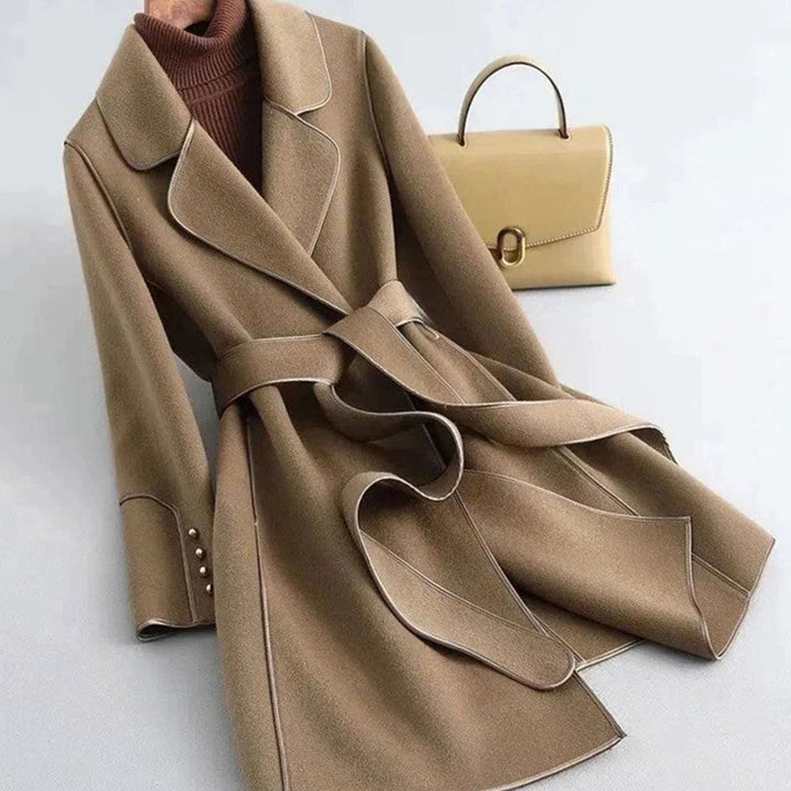 Women's Belted Wool-Look Long Trench Coat Lapel Collar - Brown