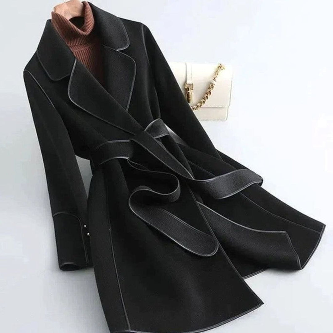Women's Belted Wool-Look Long Trench Coat Lapel Collar - Black
