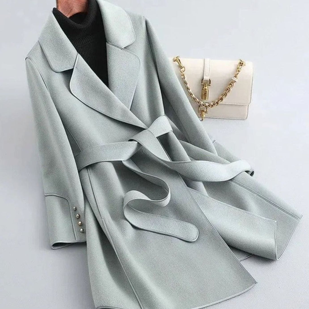 Women's Belted Wool-Look Long Trench Coat Lapel Collar - Grey