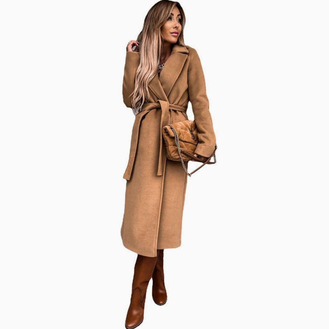 Women's Belted Wool-Look Longline Trench Coat Lapel Collar - Khaki