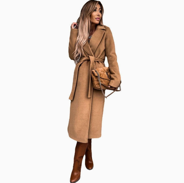 Women's Belted Wool-Look Longline Trench Coat Lapel Collar - Khaki