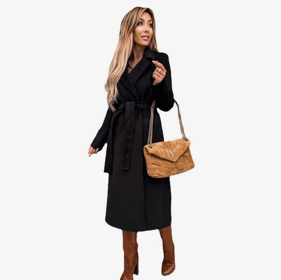 Women's Belted Wool-Look Longline Trench Coat Lapel Collar - Black