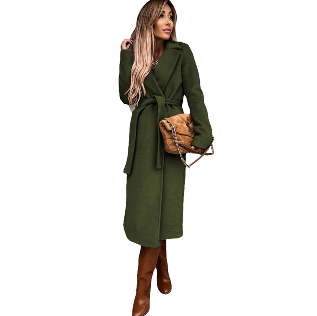 Women's Belted Wool-Look Longline Trench Coat Lapel Collar - Olive Green