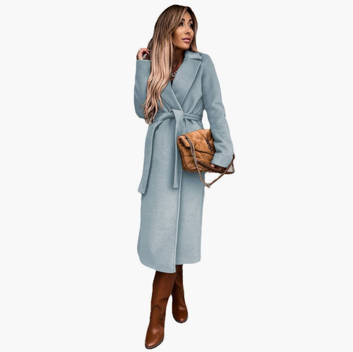 Women's Belted Wool-Look Longline Trench Coat Lapel Collar - Sky Blue