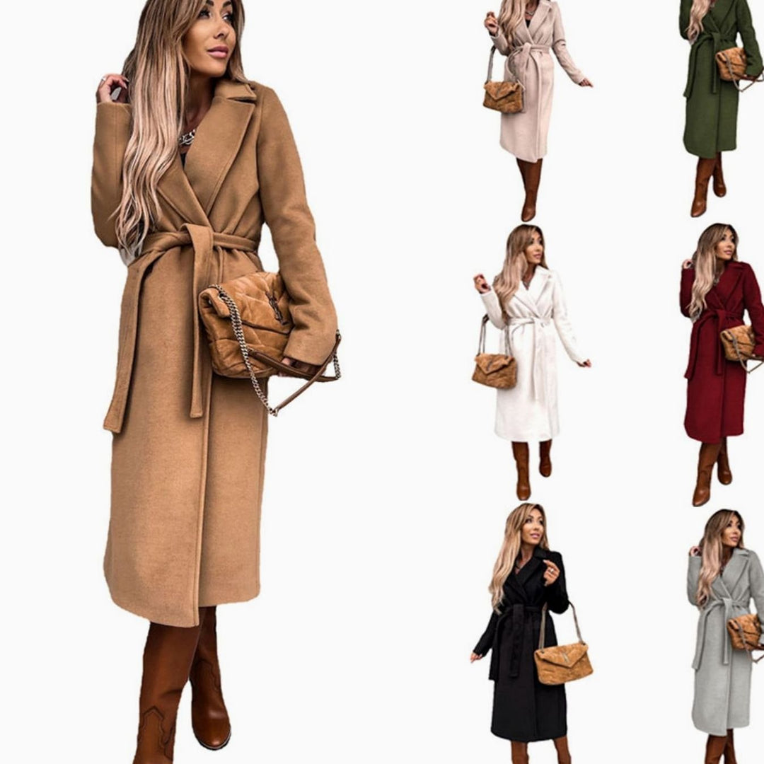 Women's Belted Wool-Look Longline Trench Coat Lapel Collar