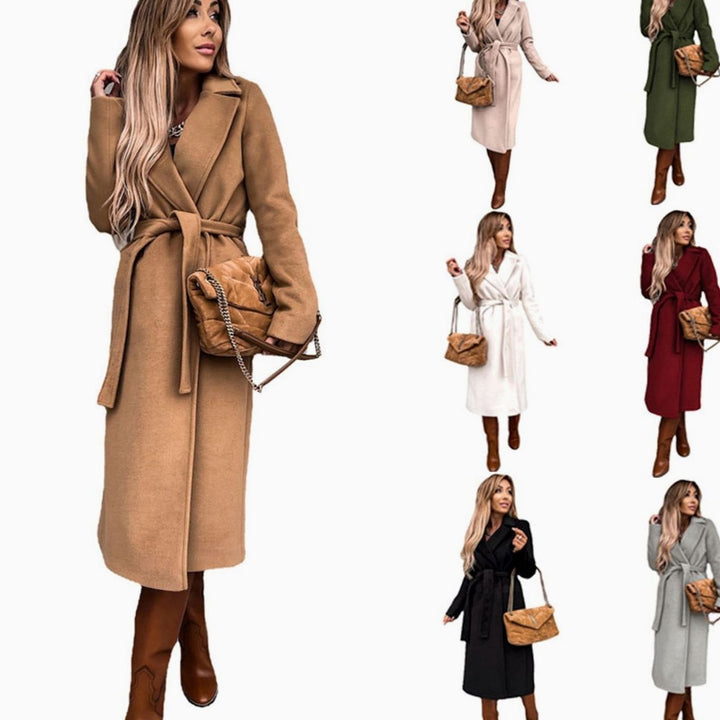 Women's Belted Wool-Look Longline Trench Coat Lapel Collar