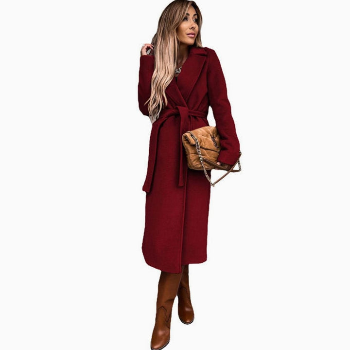 Women's Belted Wool-Look Longline Trench Coat Lapel Collar