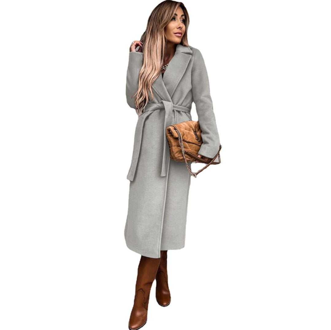 Women's Belted Wool-Look Longline Trench Coat Lapel Collar - Light Grey