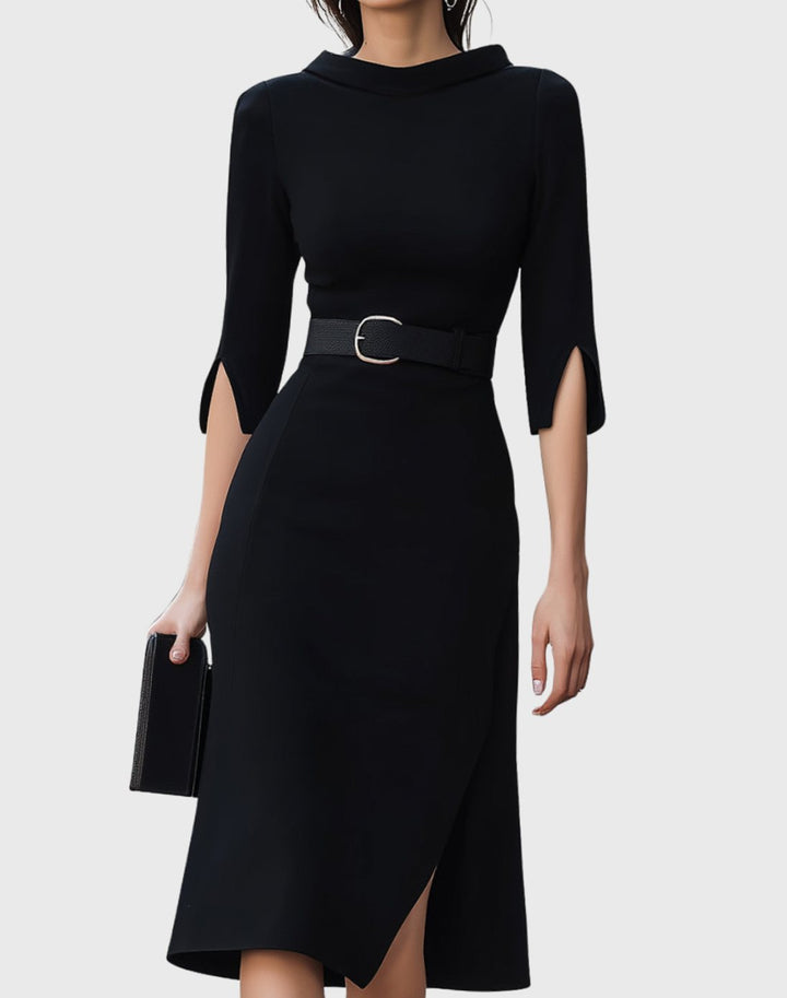 Women's Black Midi Dress Belted High-Neck Asymmetric Hem