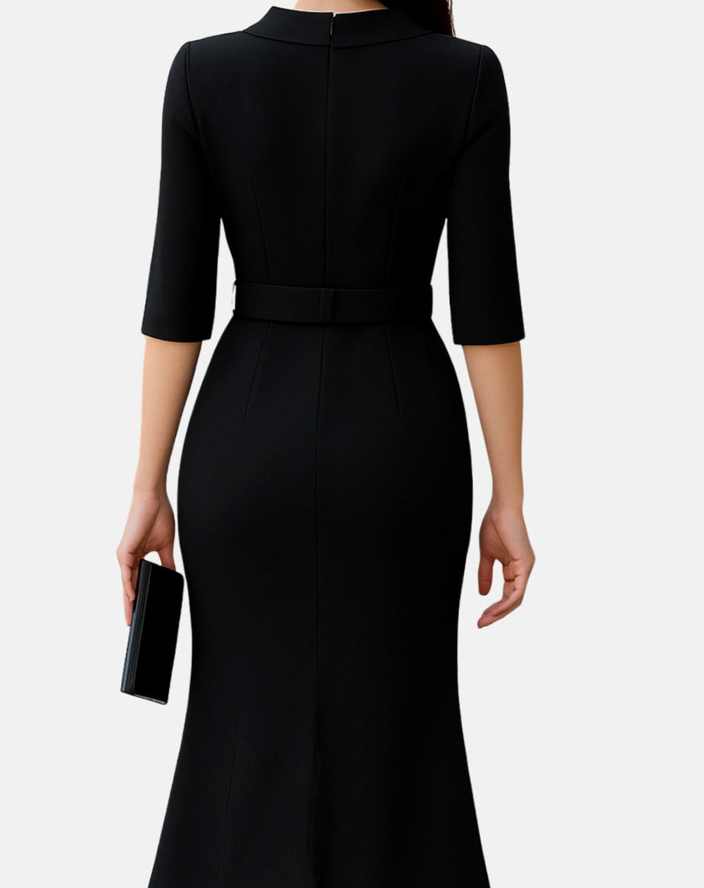 Women's Black Midi Dress Belted High-Neck Asymmetric Hem