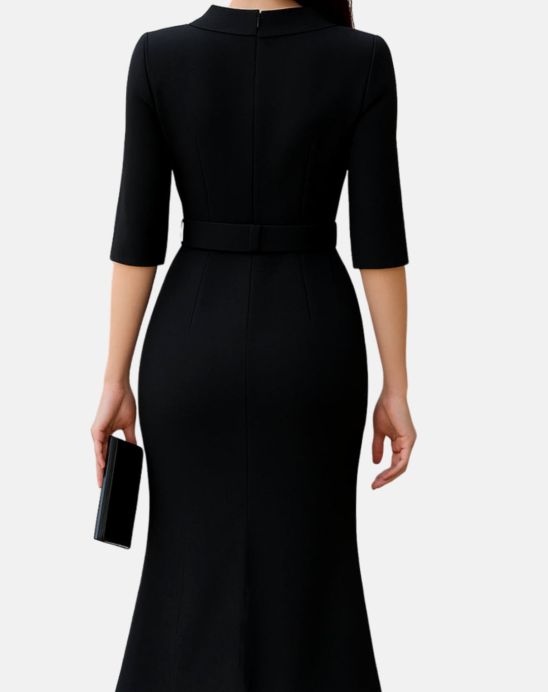 Women's Black Midi Dress Belted High-Neck Asymmetric Hem