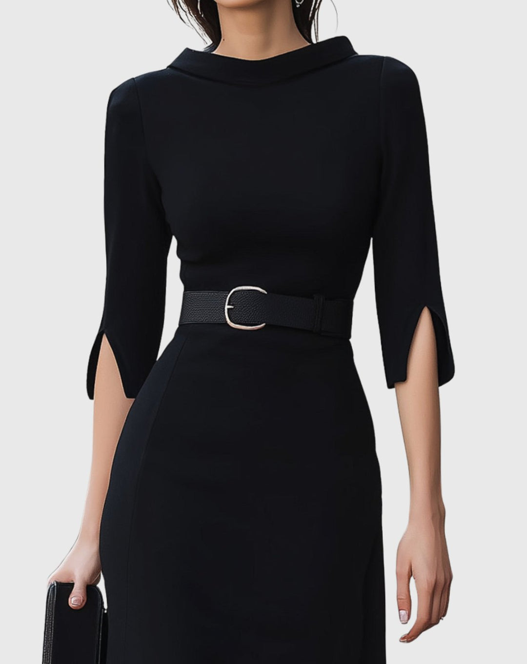 Women's Black Midi Dress Belted High-Neck Asymmetric Hem