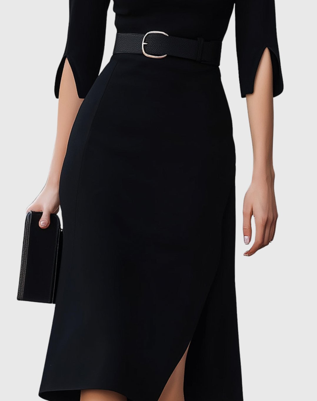 Women's Black Midi Dress Belted High-Neck Asymmetric Hem