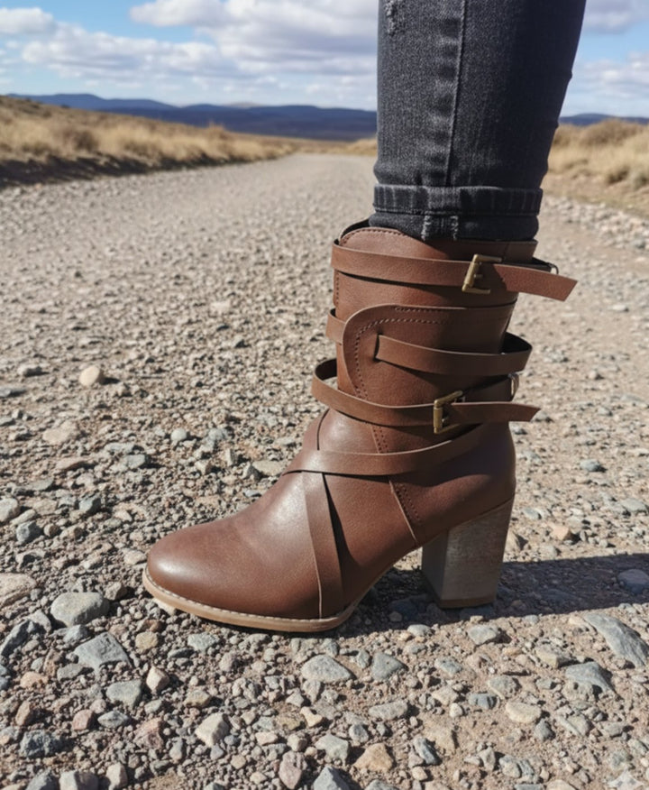 Women's Block-Heel Buckle-Strap Mid-Calf Ankle Boots - Brown