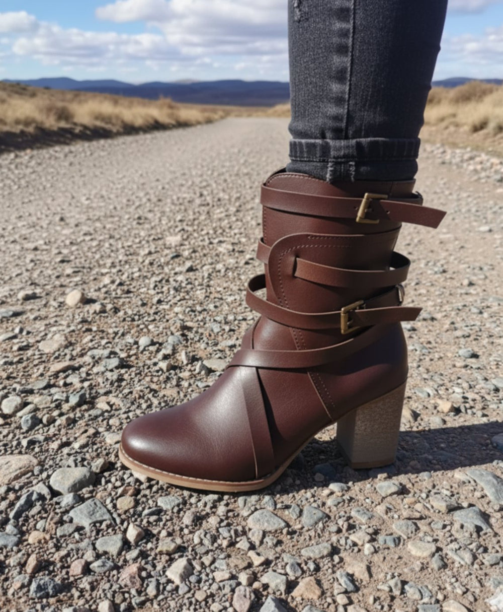 Women's Block-Heel Buckle-Strap Mid-Calf Ankle Boots - Coffee