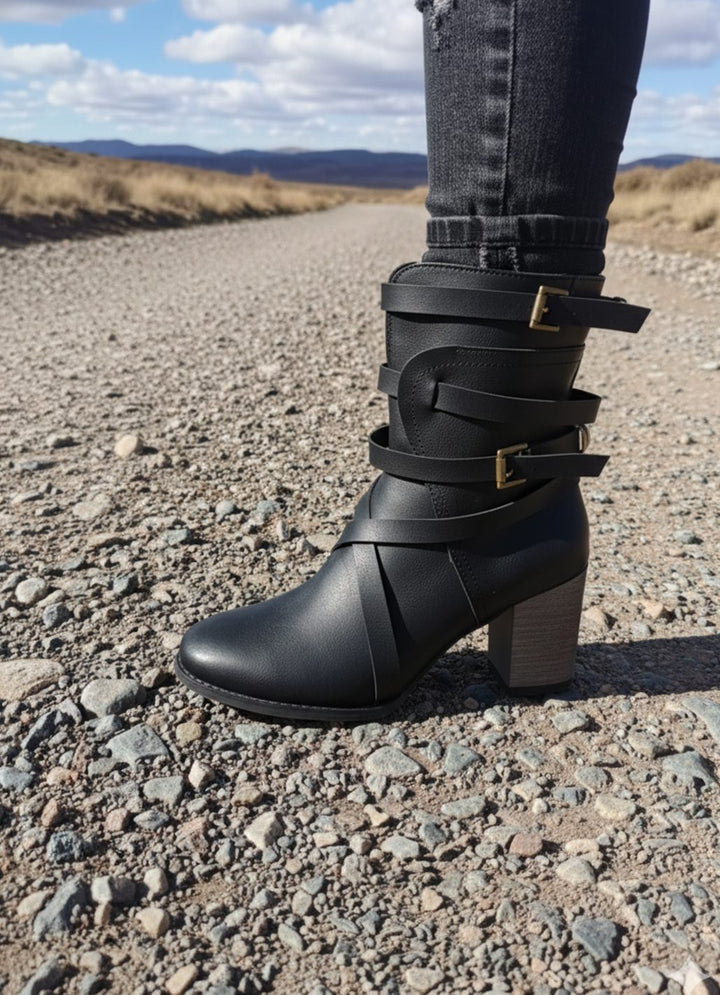 Women's Block-Heel Buckle-Strap Mid-Calf Ankle Boots - Black