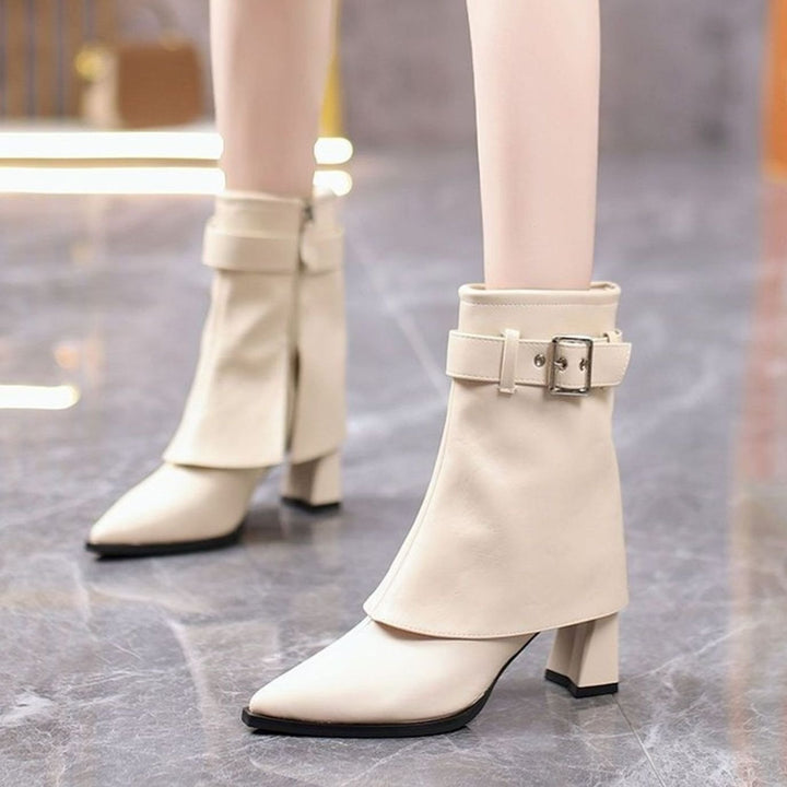 Women's Block Heel Buckle-Strap Pointed-Toe Ankle Boots - Cream