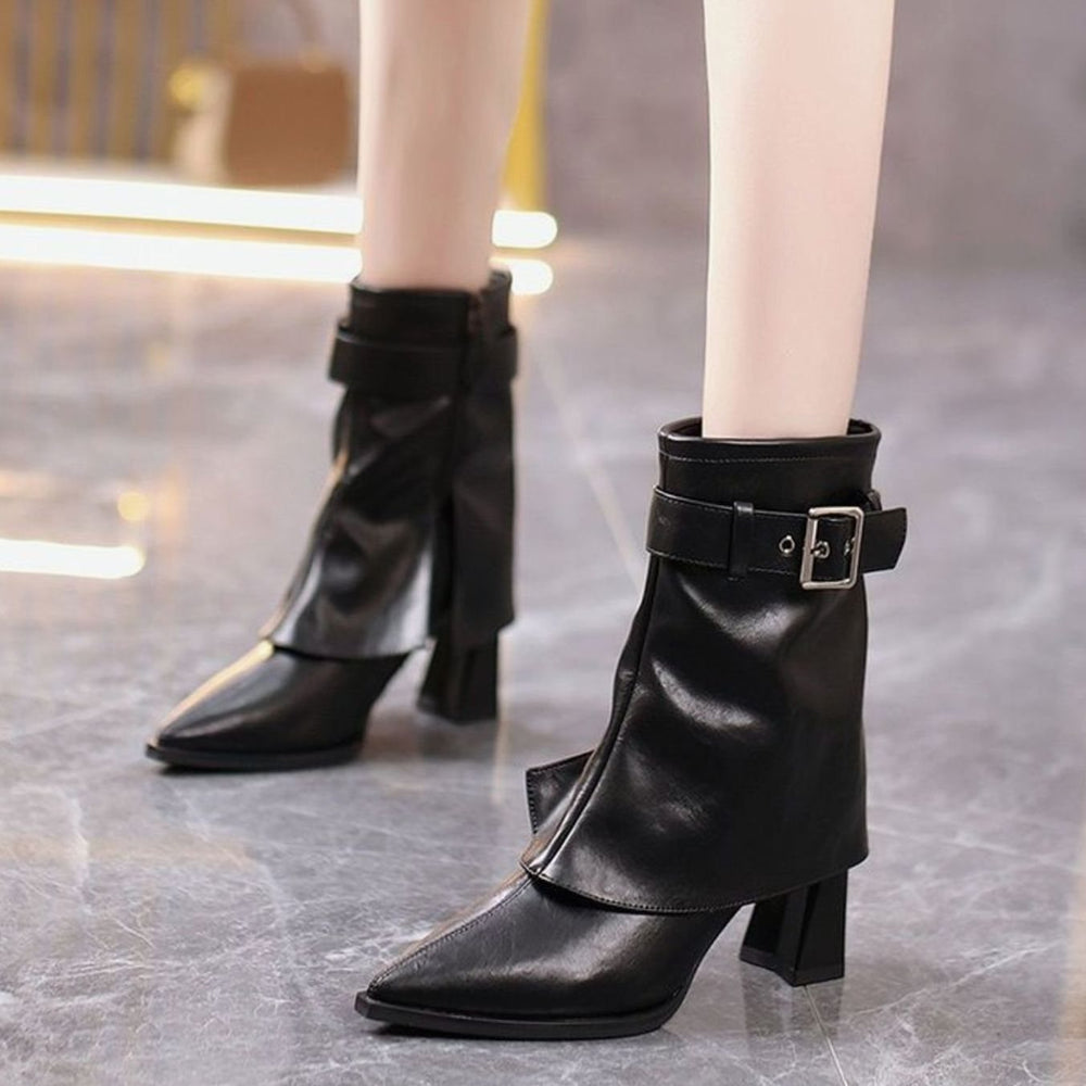 Women's Block Heel Buckle-Strap Pointed-Toe Ankle Boots - Black