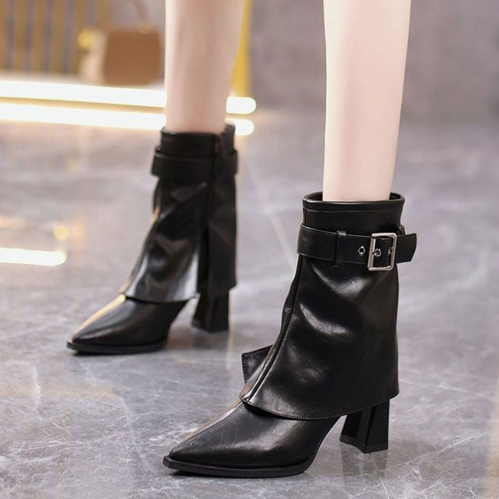 Women's Block Heel Buckle-Strap Pointed-Toe Ankle Boots - Black
