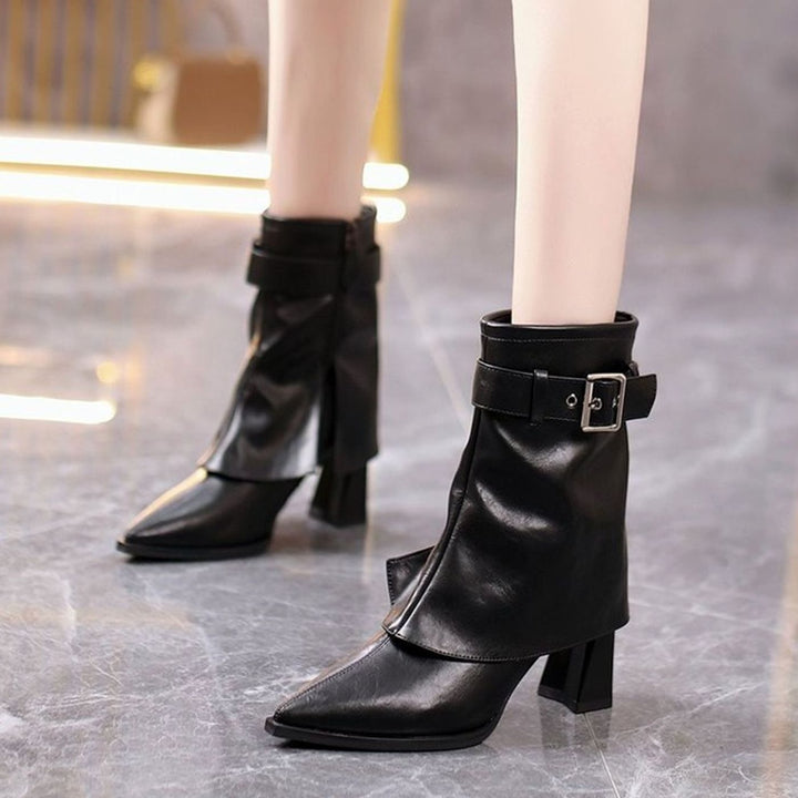 Women's Block Heel Buckle-Strap Pointed-Toe Ankle Boots