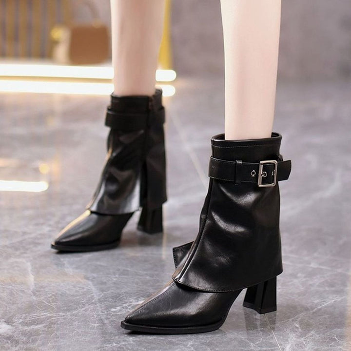 Women's Block Heel Buckle-Strap Pointed-Toe Ankle Boots