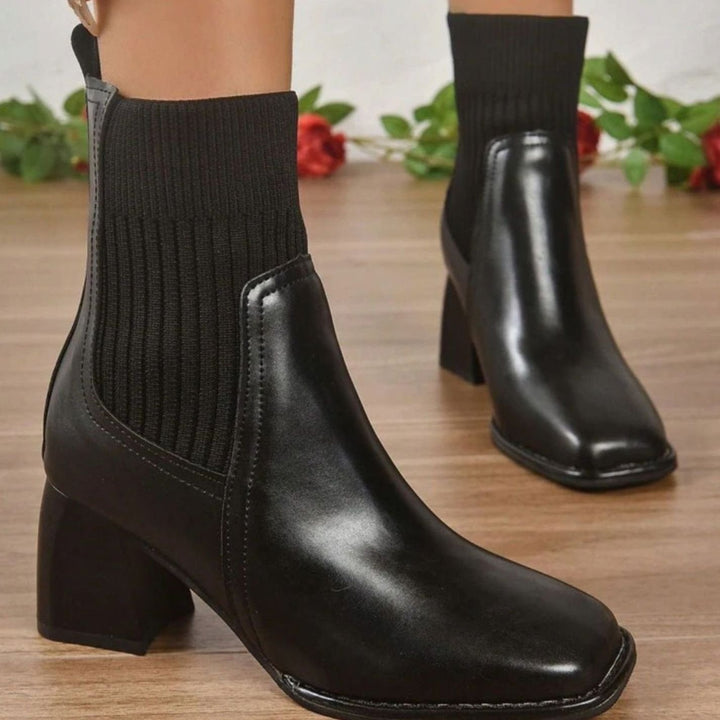 Women's Block Heel Knit Sock Slip-On Ankle Boots - Black