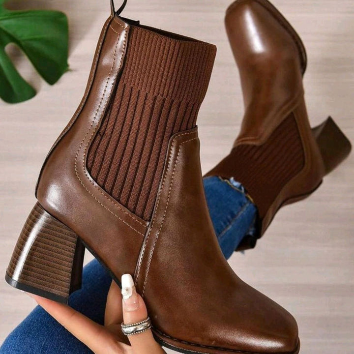 Women's Block Heel Knit Sock Slip-On Ankle Boots - Brown
