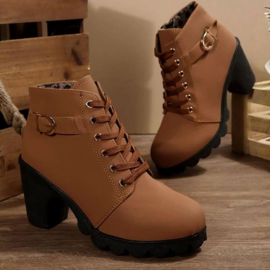 Women's Block-Heel Lace-Up Ankle Boots Metal Buckle - Brown