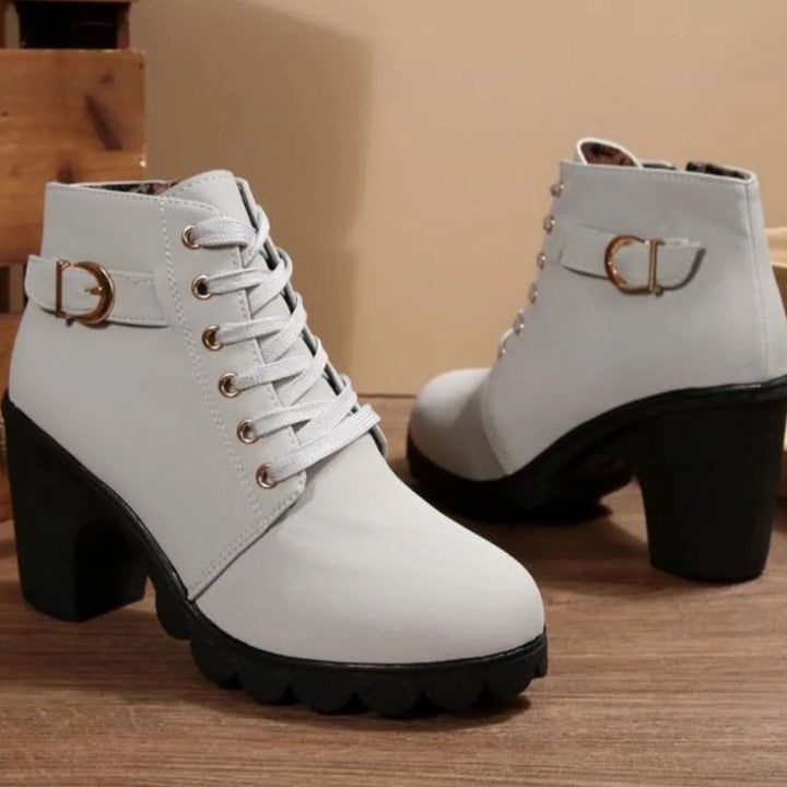 Women's Block-Heel Lace-Up Ankle Boots Metal Buckle - Grey