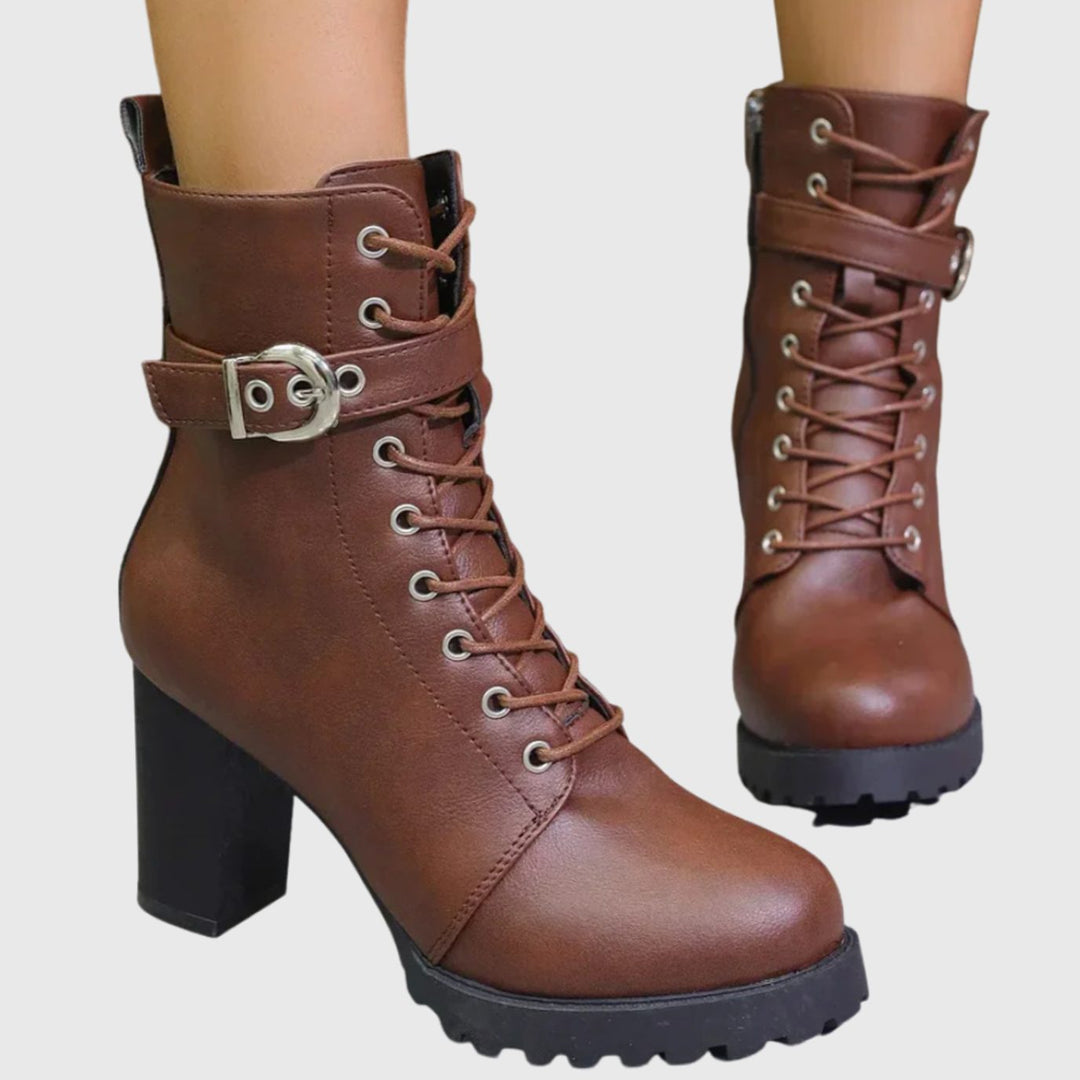 Women's Block-Heel Lace-Up Buckle Ankle Boots - Brown