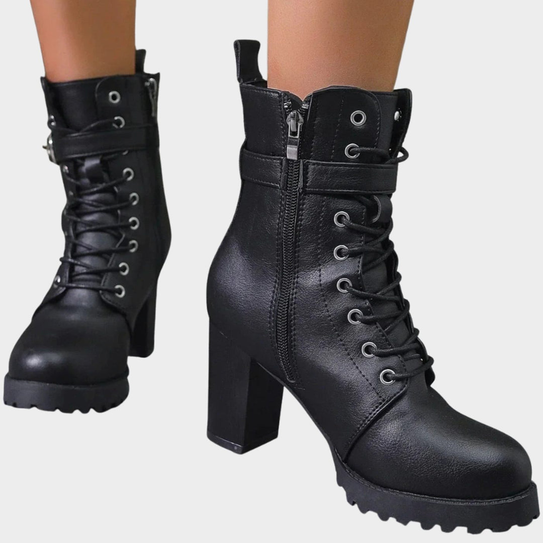 Women's Block-Heel Lace-Up Buckle Ankle Boots - Black