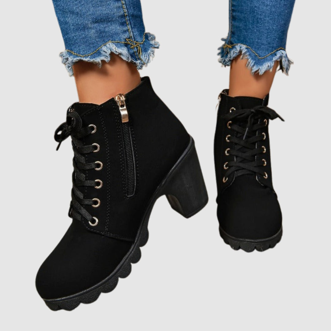 Women's Block Heel Lace-Up Side-Zip Ankle Boots - Black