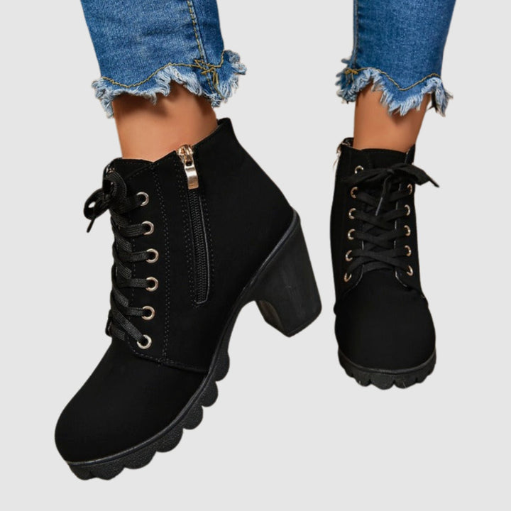 Women's Block Heel Lace-Up Side-Zip Ankle Boots - Black