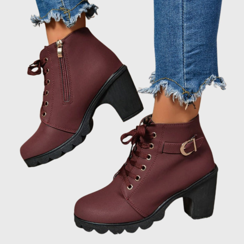 Women's Block Heel Lace-Up Side-Zip Ankle Boots - Wine Red